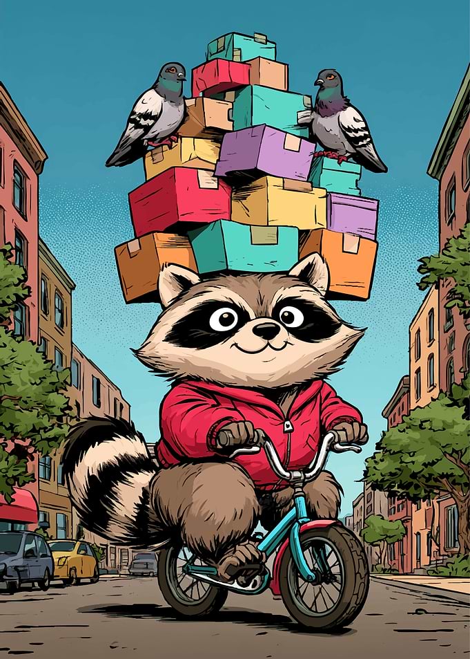 Raccoon Riding Bicycle with Stacked Boxes