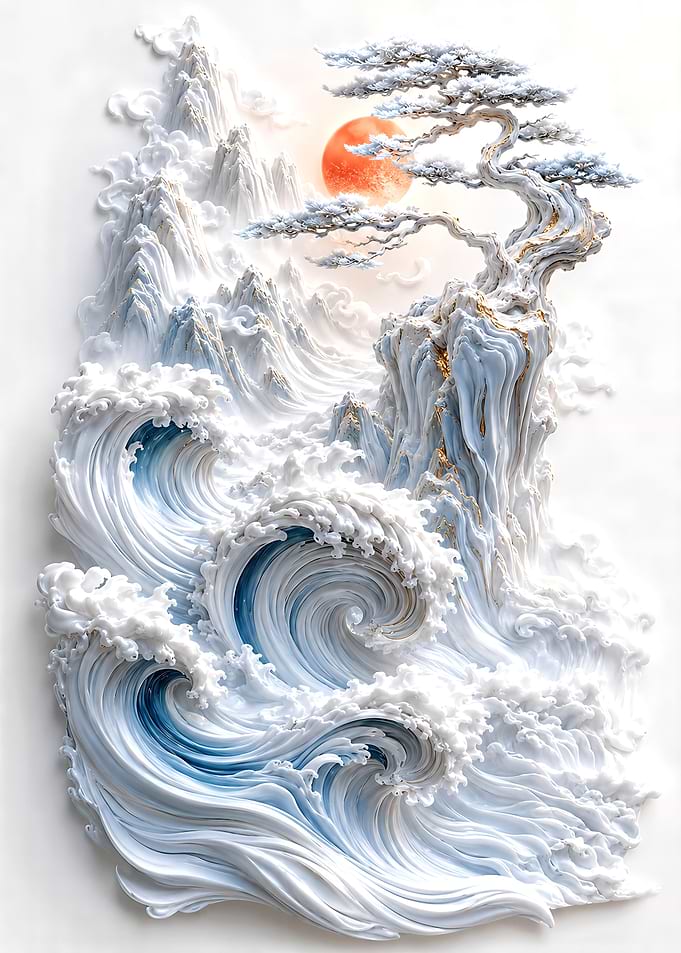Ethereal Mountain and Ocean Relief Art