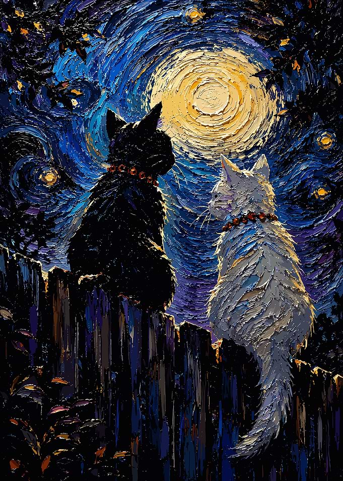 Two Cats Under Starry Night Sky