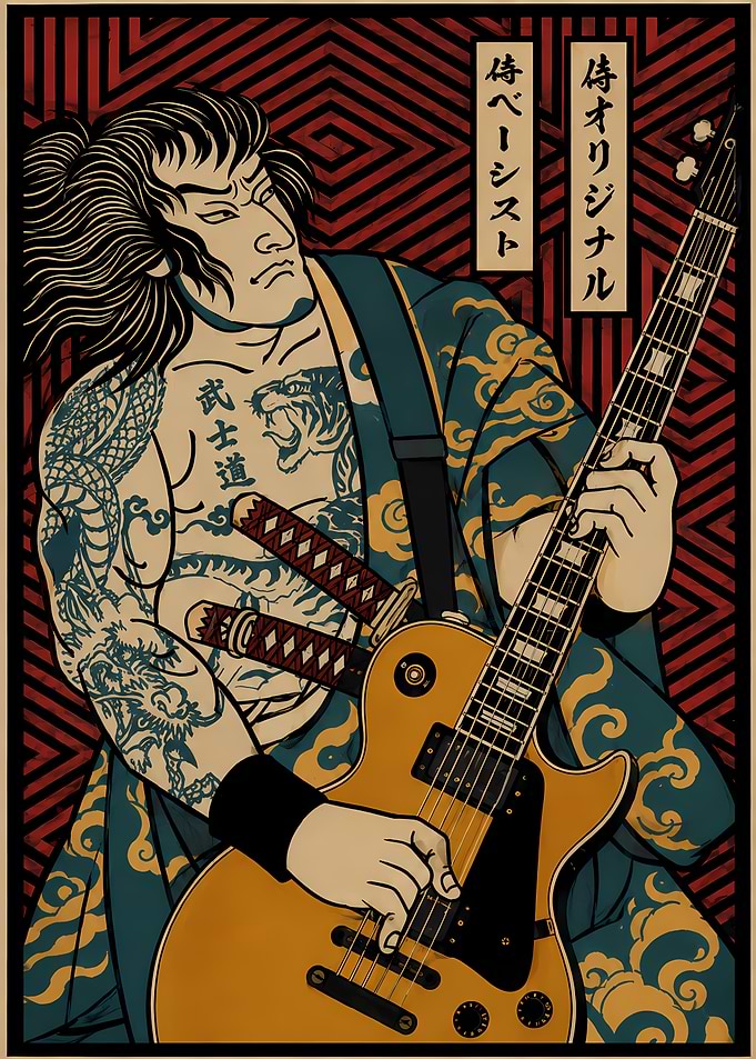 Samurai Playing Electric Guitar Ukiyo-e Art