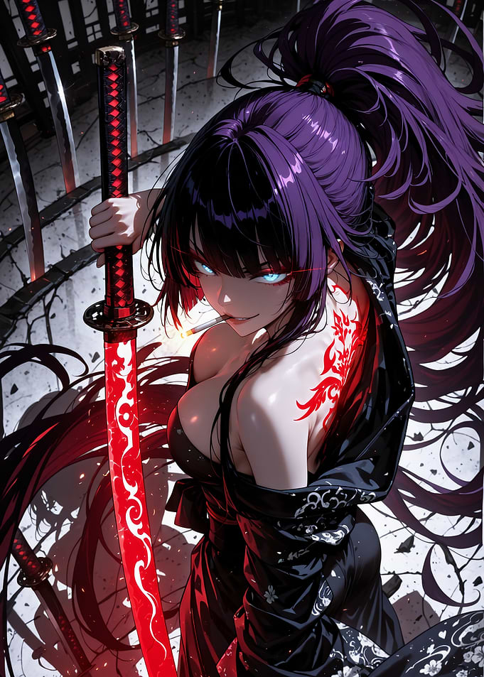 Purple-Haired Warrior with Glowing Katana