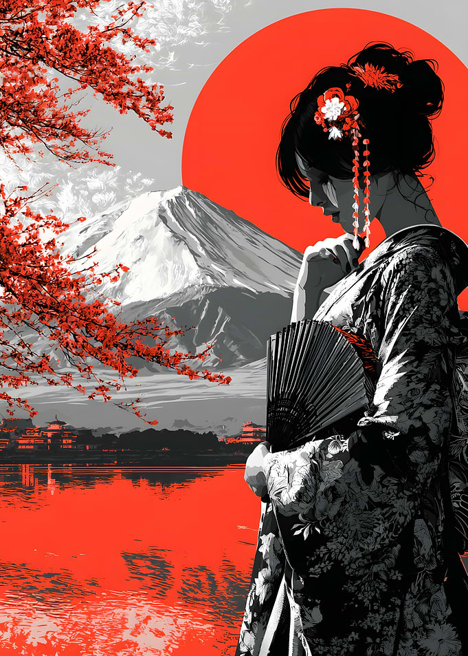Geisha with Mount Fuji and Cherry Blossoms