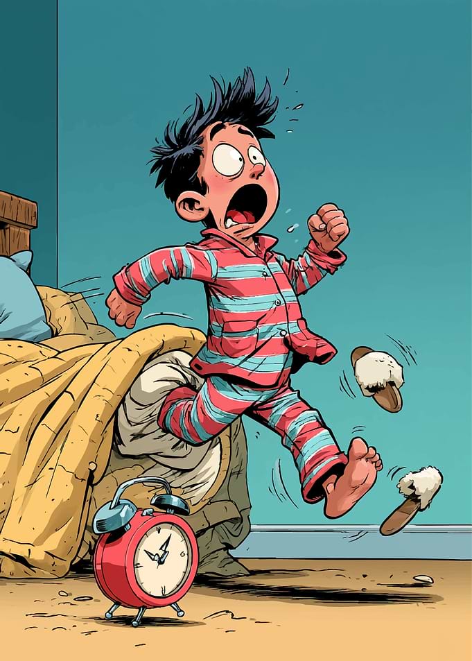 Boy Oversleeping and Running Late