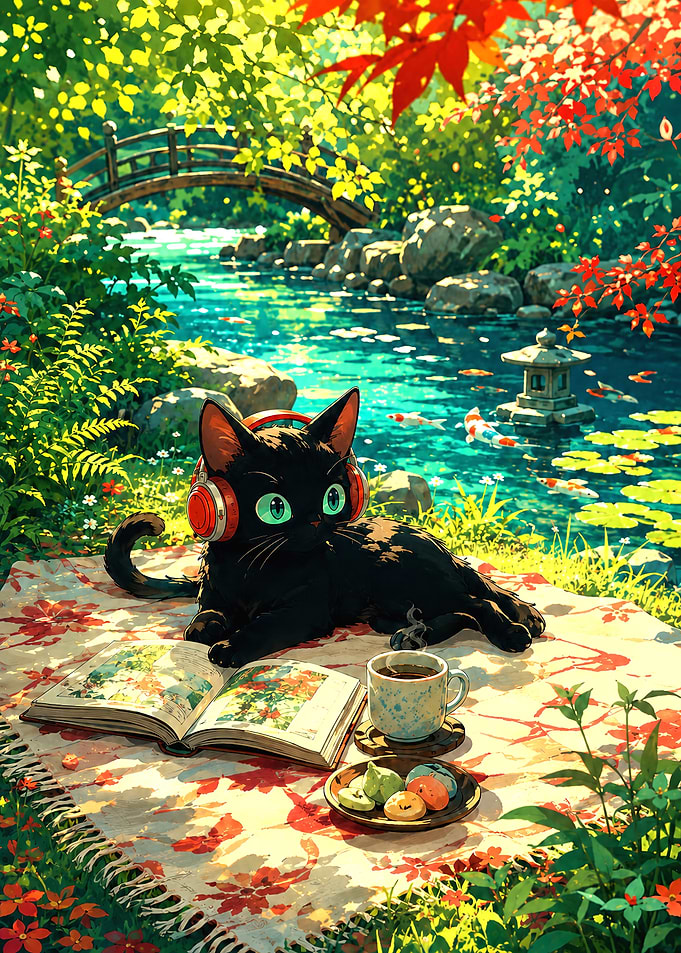 Black Cat Reading by the Pond