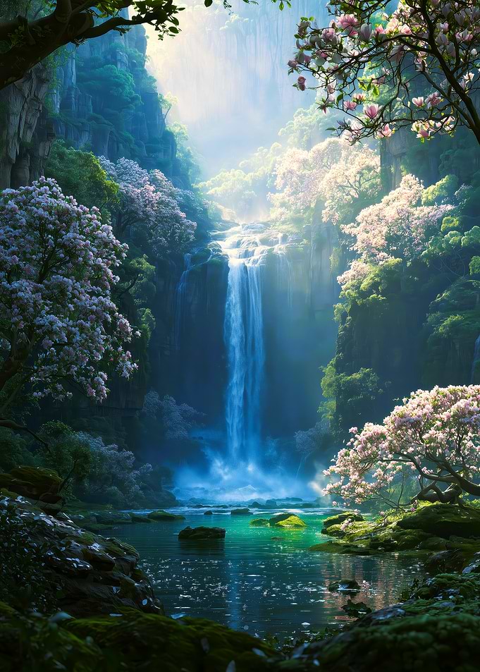 Waterfall in Spring Blossom Forest