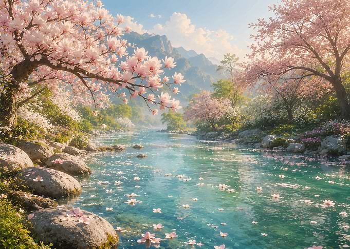 Serene River with Blooming Cherry Blossoms