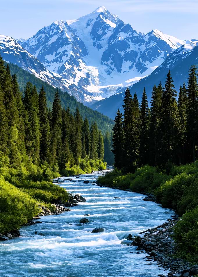 Snowy Mountain Peak Above River
