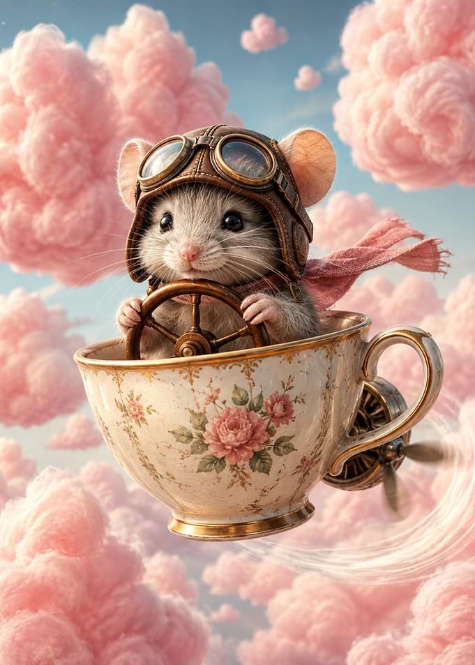 Cute Mouse Flying in Teacup