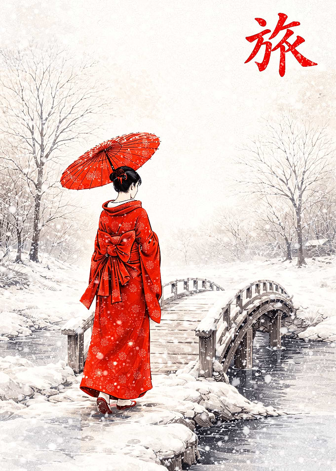Woman in Kimono Crossing Snowy Bridge