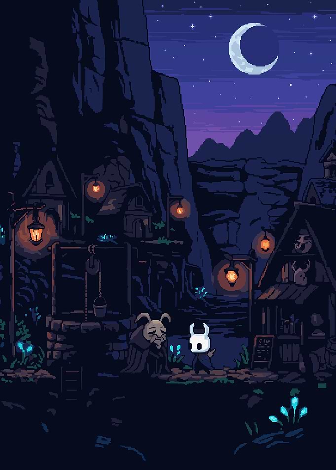 Hollow Knight in Dirtmouth Pixel Art