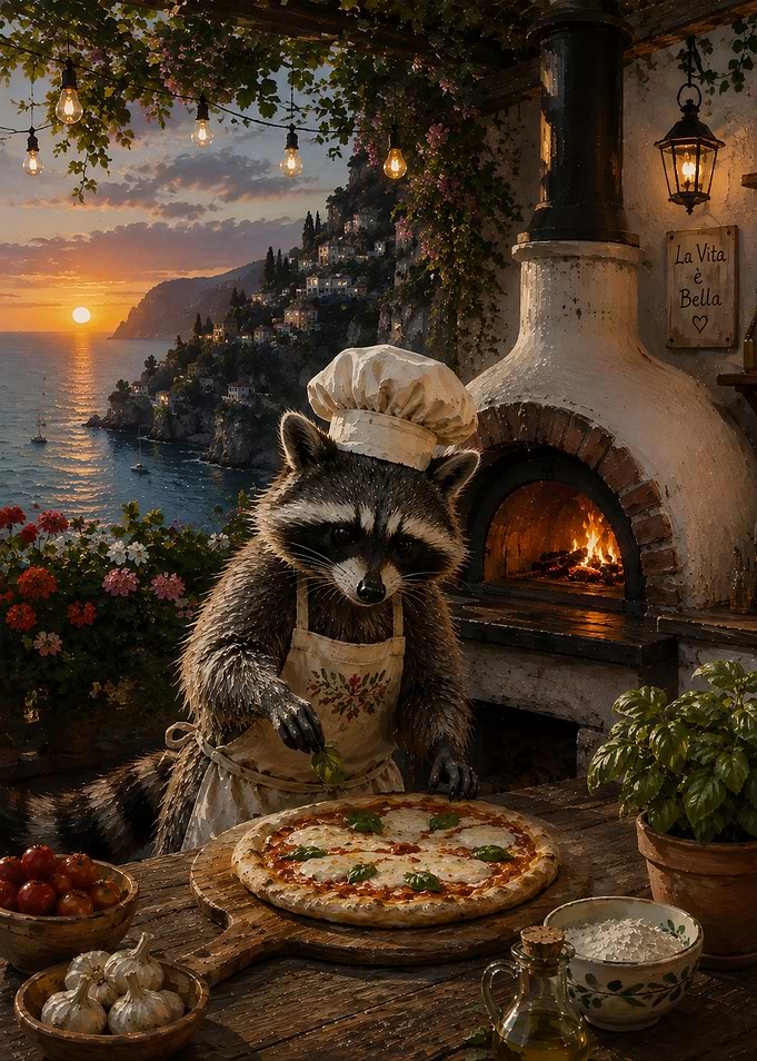 Raccoon Chef Making Pizza in Italy