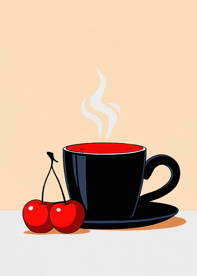 Black Coffee Cup with Cherries