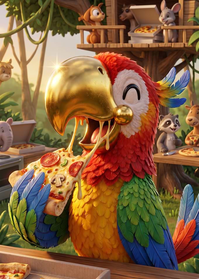Parrot Eating Cheesy Pizza