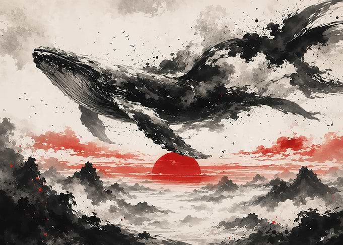 Whale Flying Over Misty Mountains