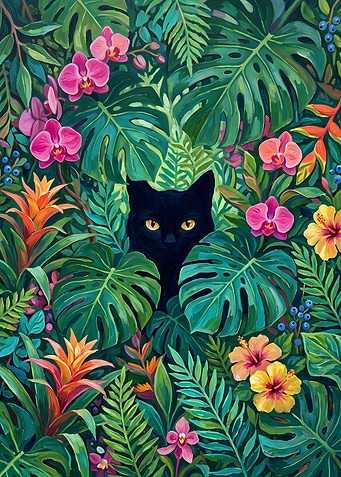 Black Cat Hidden in Tropical Jungle