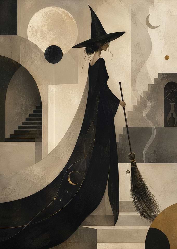 Elegant Witch in Surreal Architecture