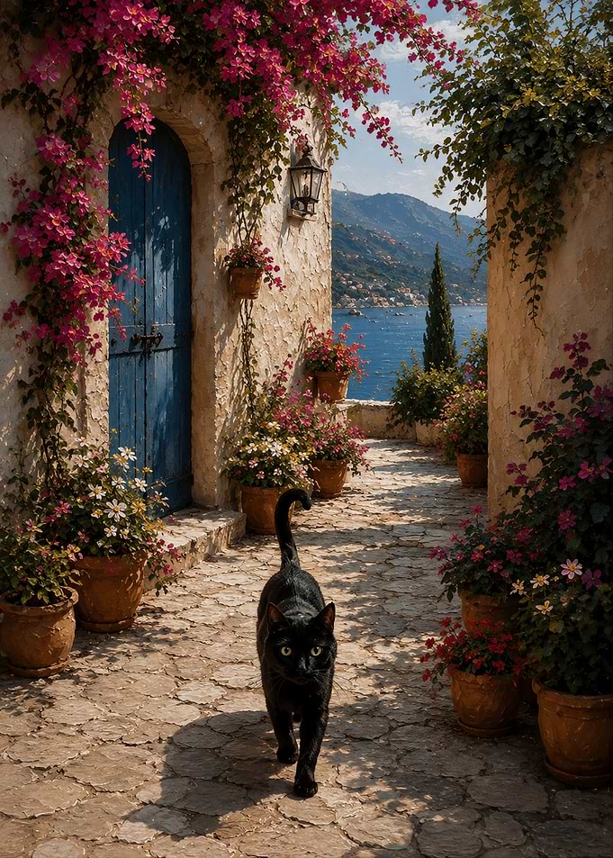 Black Cat on Mediterranean Terrace