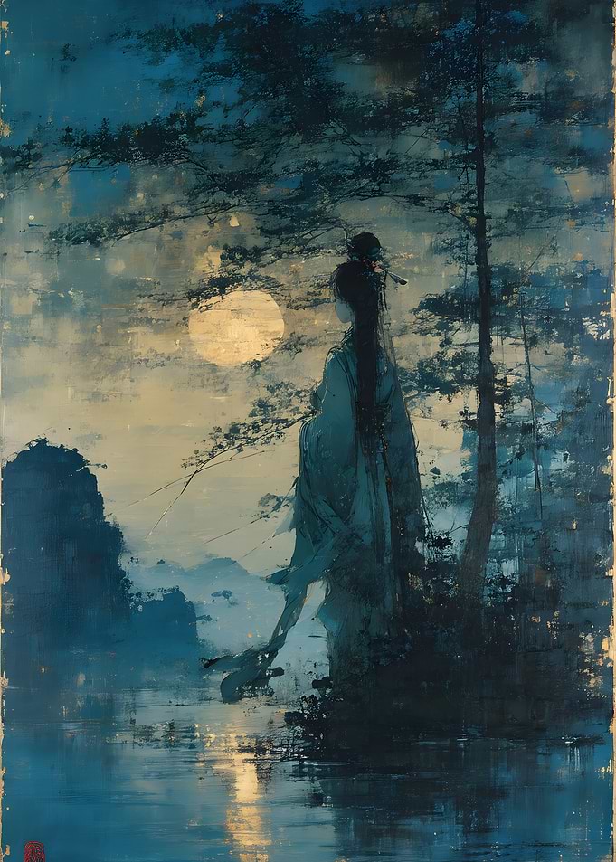 Ethereal Woman Under Moonlight