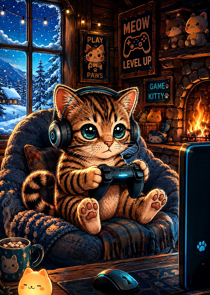 Cute Gamer Kitten in Cozy Room