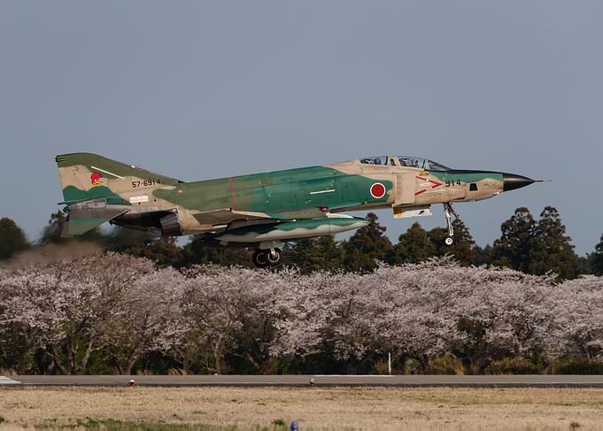 JASDF RF-4E Recon Phantom Touchdown with Cherry Blossoms