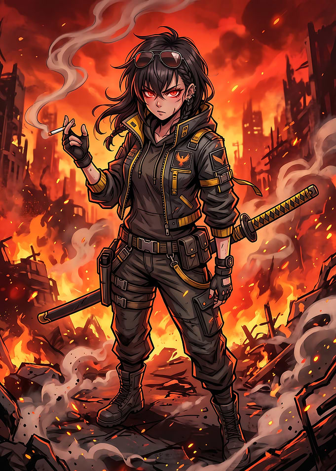 Anime Warrior in Burning Ruins