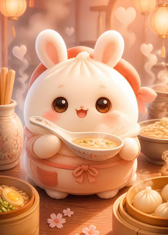 Cute Dumpling Bunny Chef Serving Soup