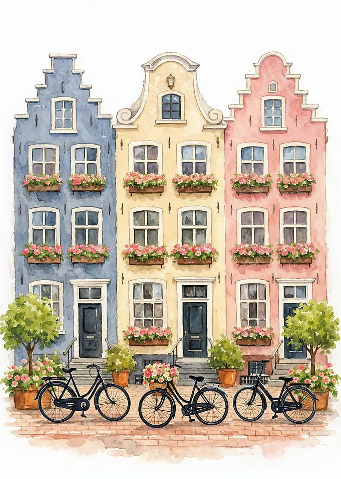 Watercolor Pastel Amsterdam Houses Art