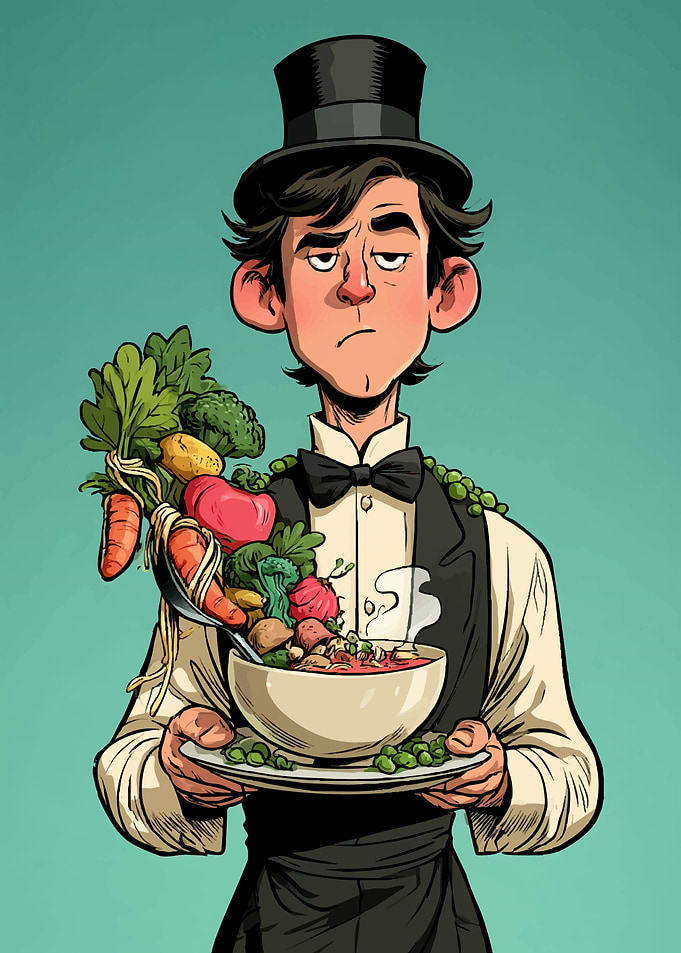 Unamused Waiter Serving Vegetable Soup