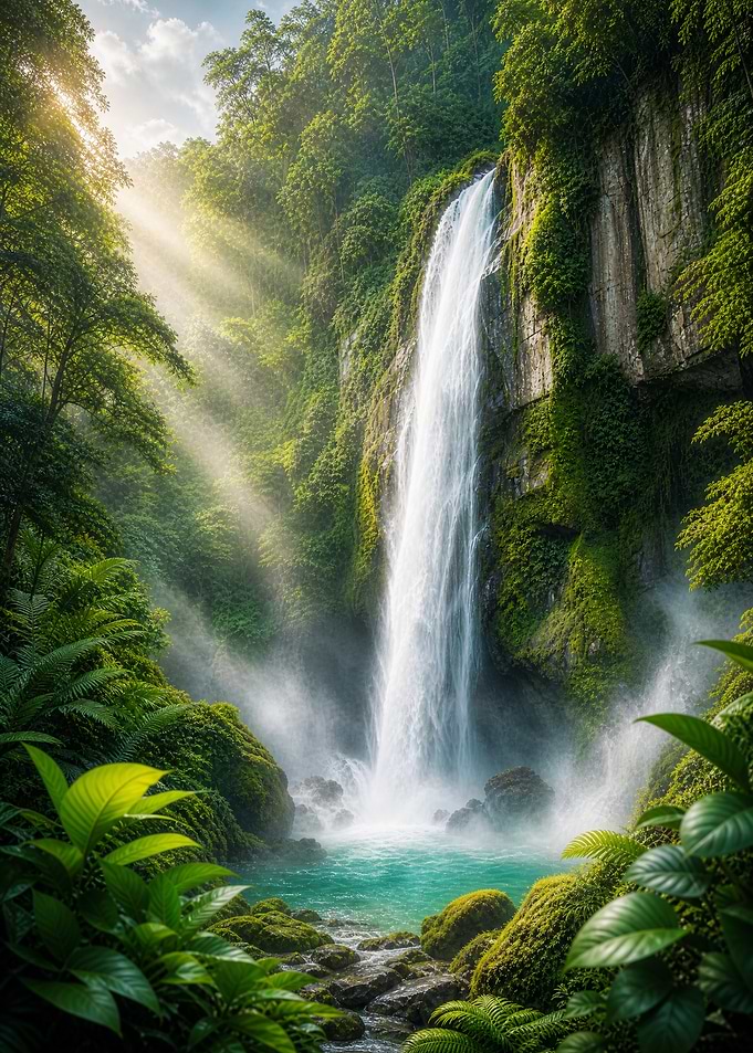 Sunlit Tropical Waterfall in Lush Jungle
