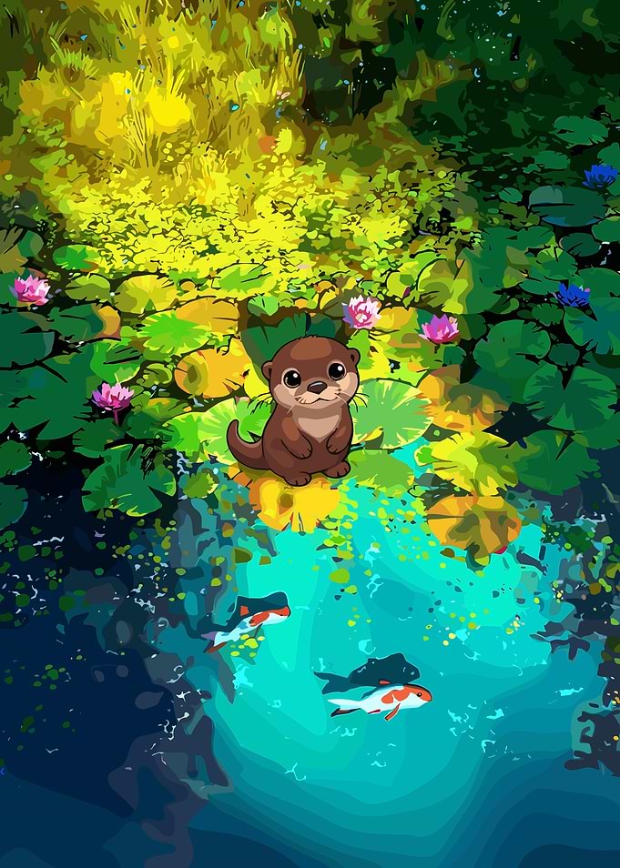 Cute Otter in a Lily Pond