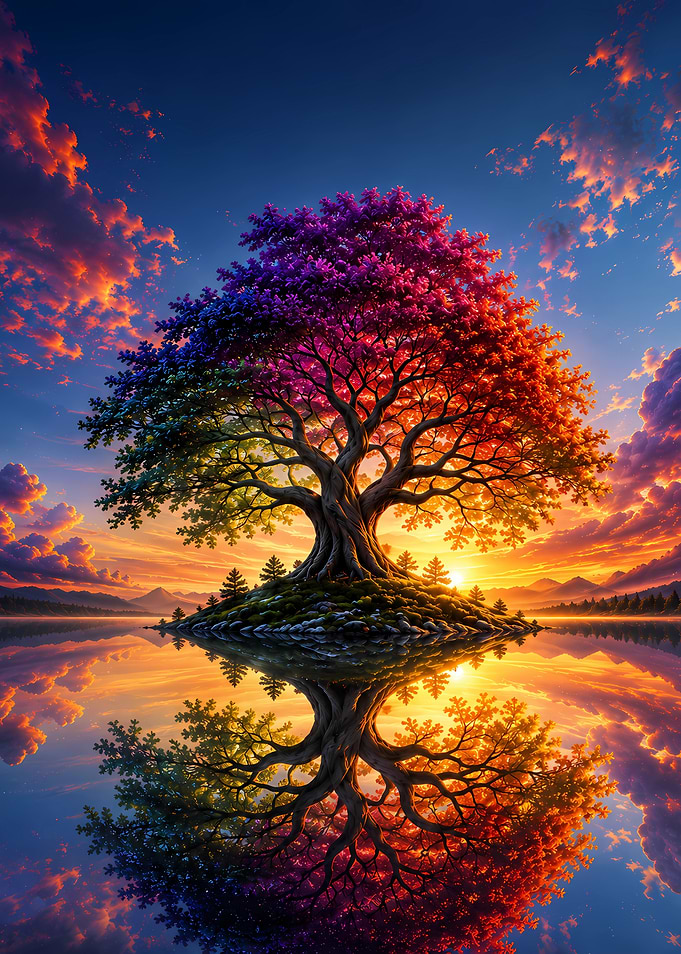 Rainbow Tree on Island at Sunset
