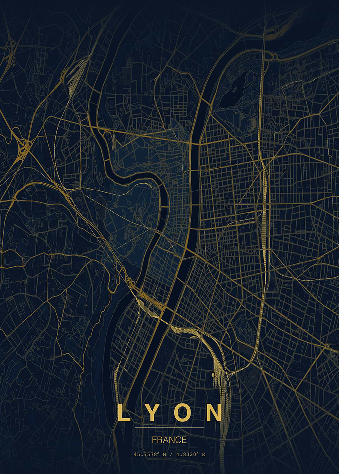 Minimalist Gold and Navy Lyon Map