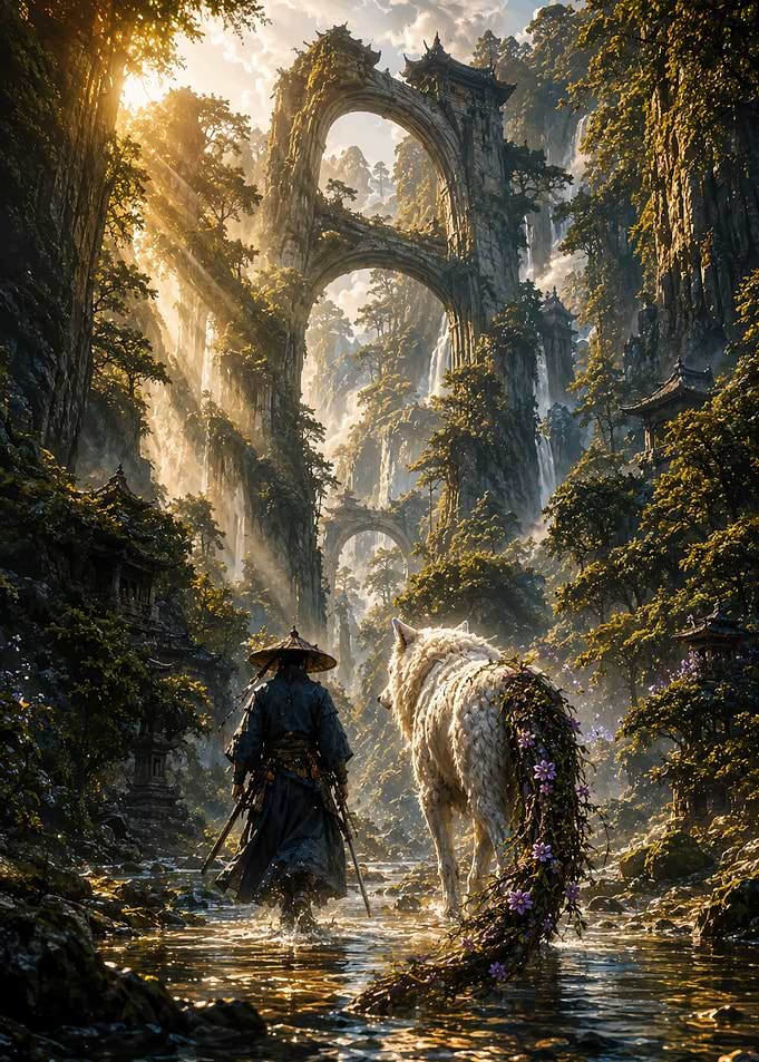 Samurai and Giant Wolf in Forest