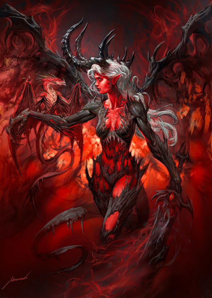 Demon Queen with Dragon Companion