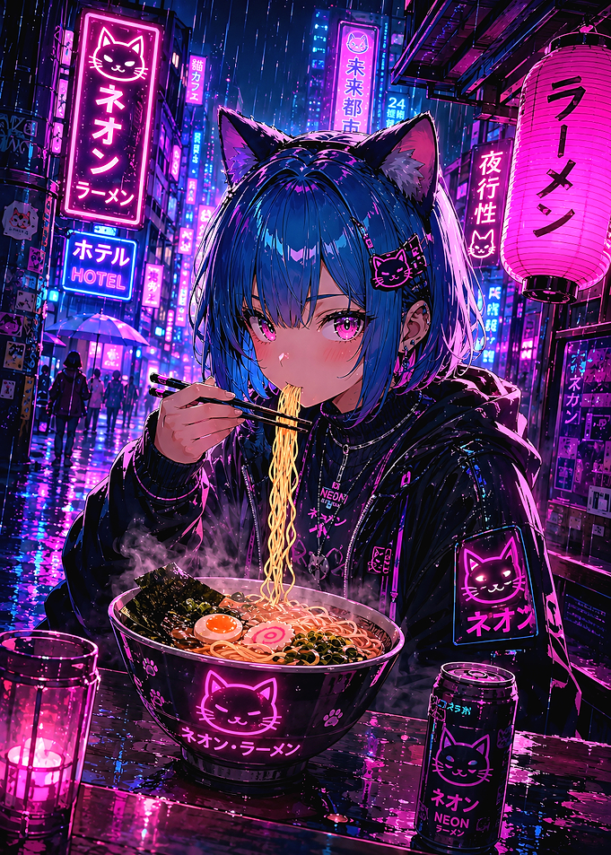 Cyberpunk Anime Girl Eating Neon Ramen