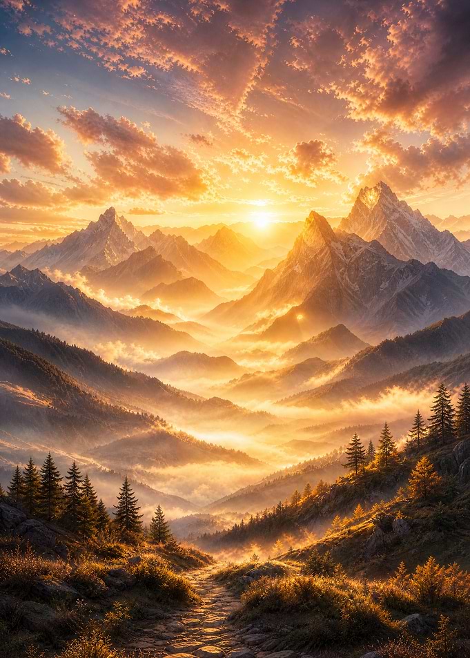 Golden Sunrise Over Misty Mountains