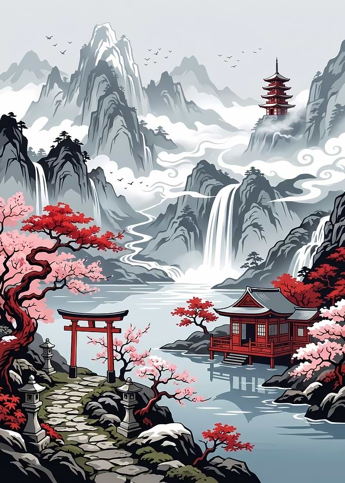 Serene Japanese Mountain Temple Landscape