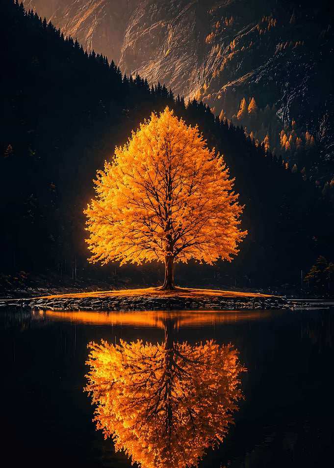 Glowing Golden Tree by the Lake