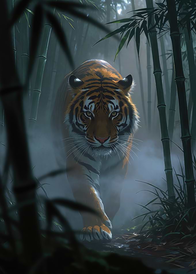 Majestic Tiger in Misty Bamboo Forest