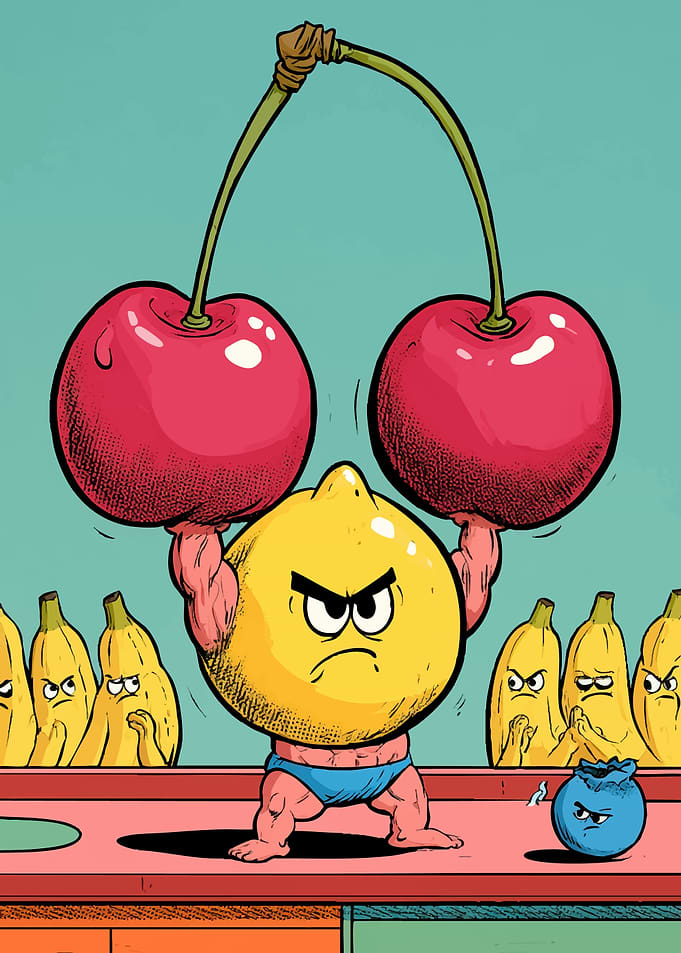 Strong Lemon Lifting Cherries Cartoon