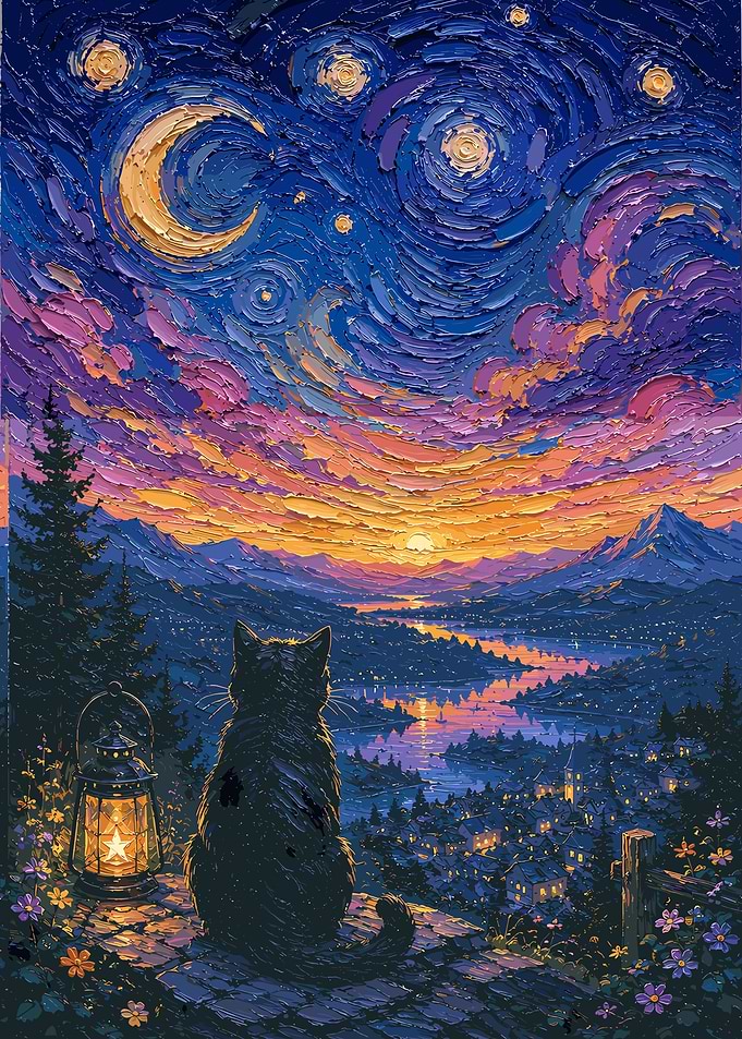 Cat Watching Sunset Over Mountain Town