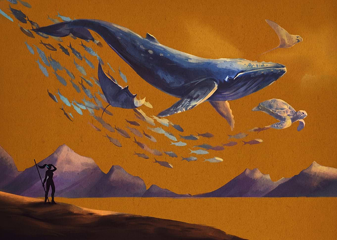 Whale and Sea Creatures Above Landscape