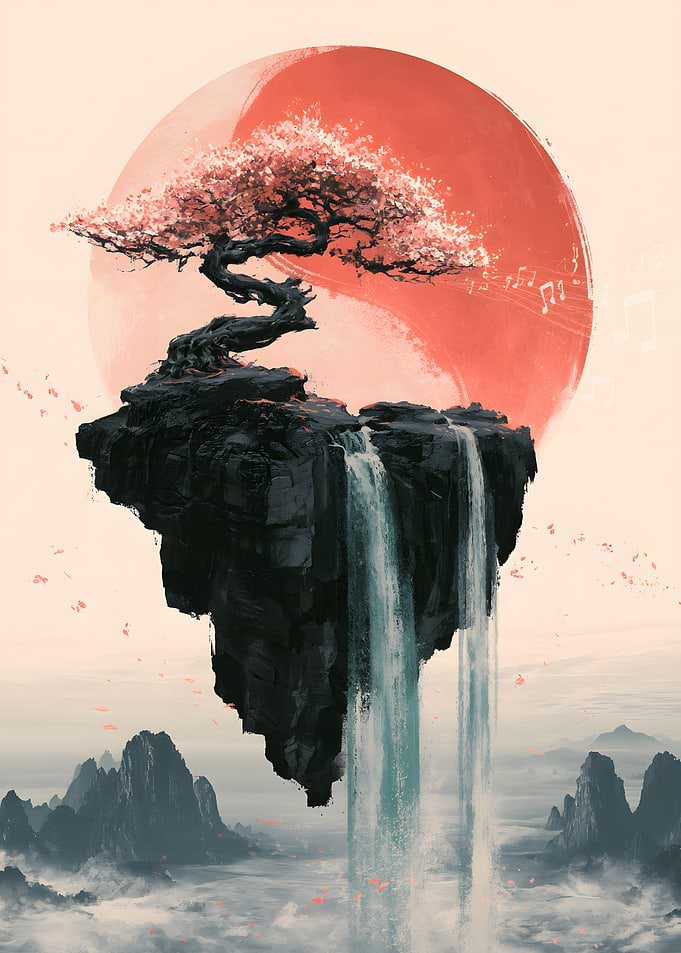 Floating Bonsai Island with Red Sun