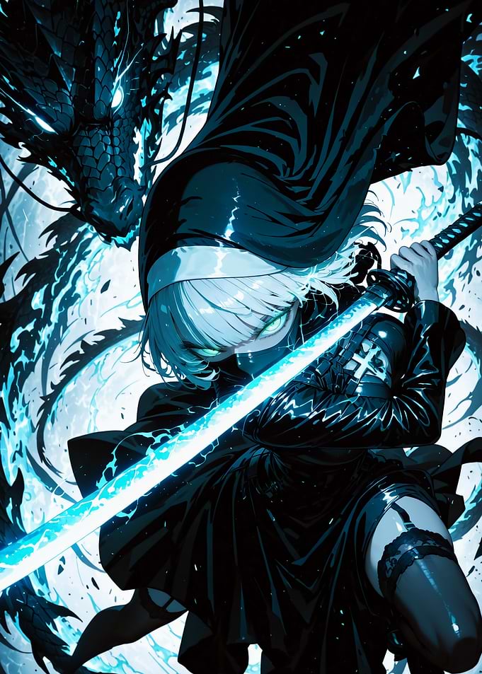 Anime Nun Warrior with Blue Dragon