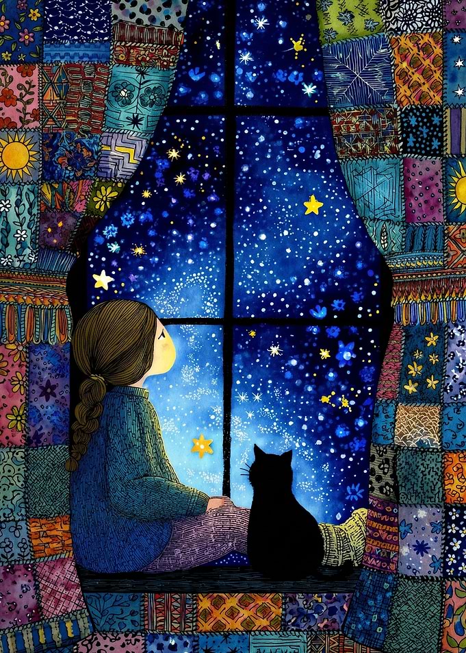 Girl and Cat Watching Starry Sky