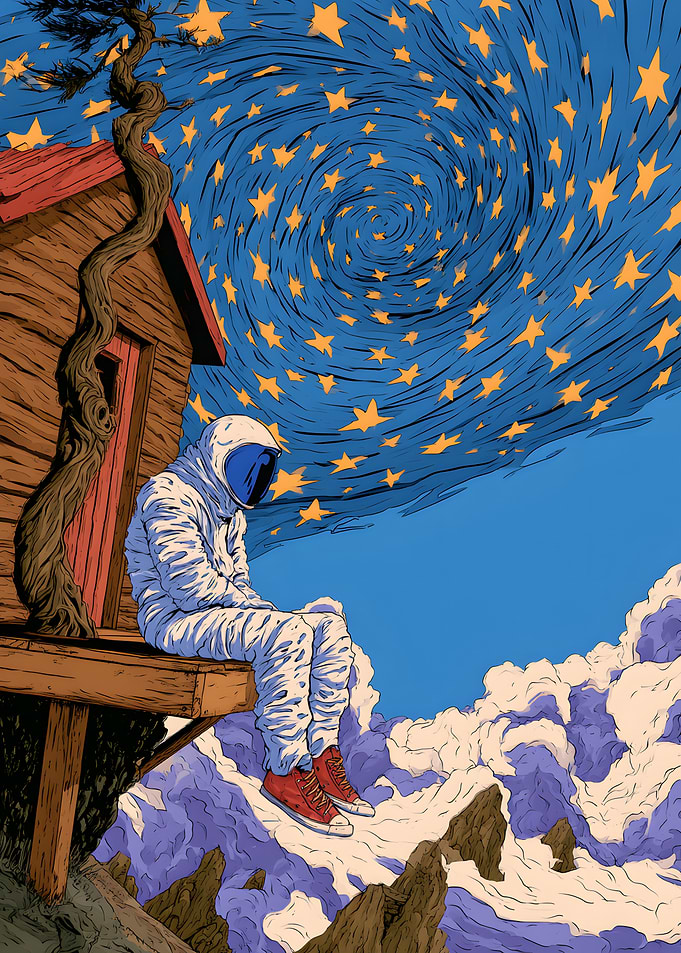 Astronaut Sitting on a Treehouse
