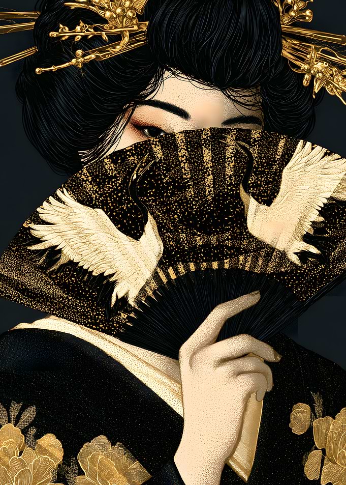 Elegant Geisha with Golden Crane Fan