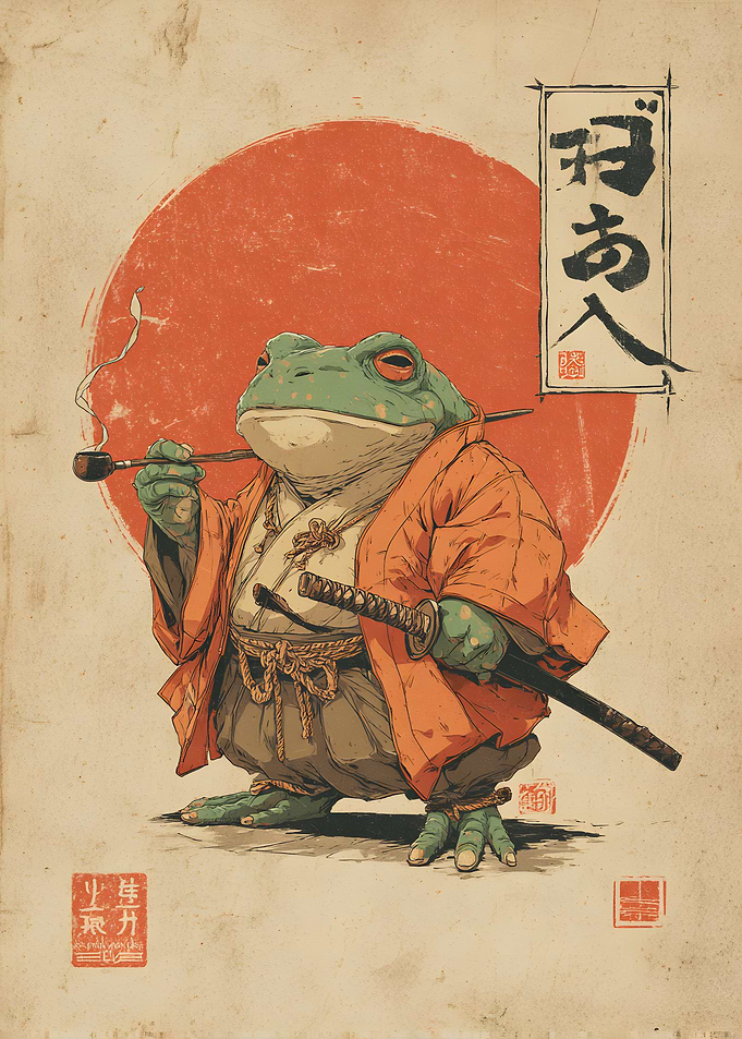 Samurai Frog with Pipe and Katana