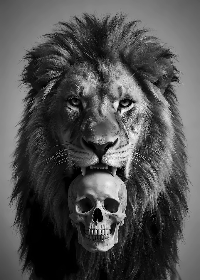 Lion Holding Human Skull Portrait