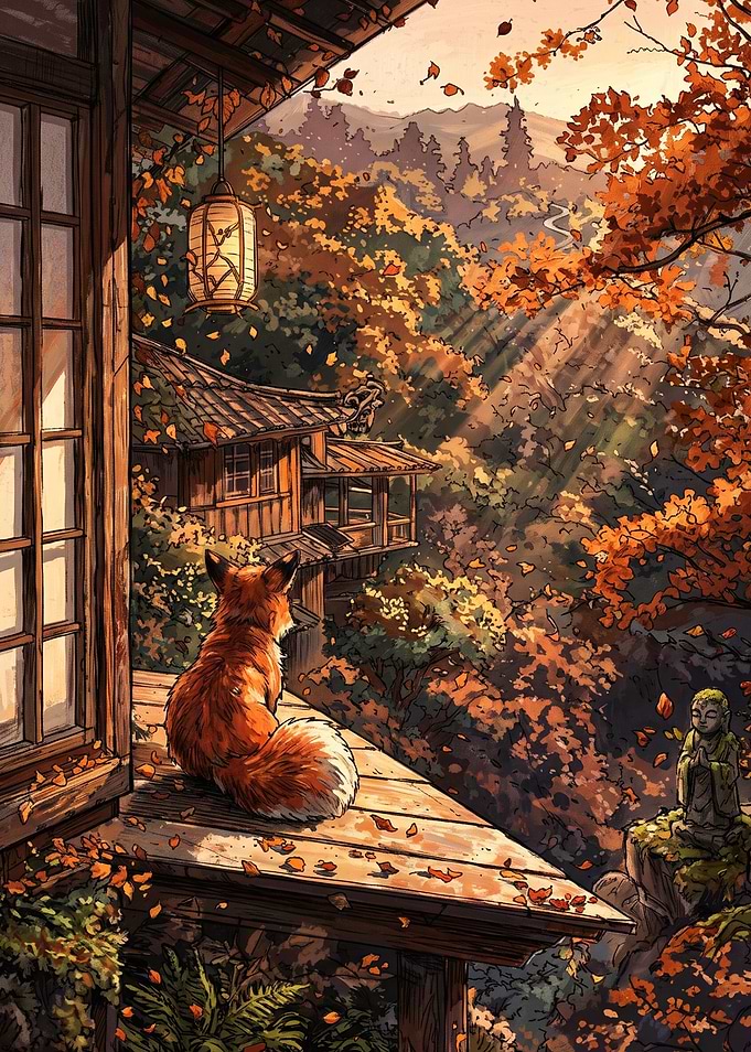 Fox Watching Autumn Forest Sunset